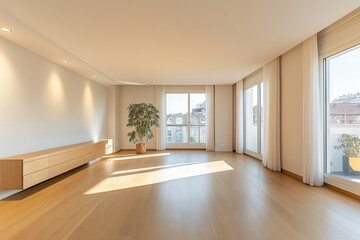 Obraz premium Bright Living Room with a Wooden Storage Unit and Modern Furnishings