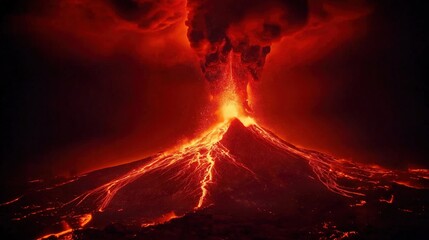 Erupting volcano with smoke with dark red background