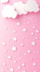 Pastel Pink Dreamy Clouds Gently Showering Sparkling Stars. AI Generated