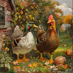 Duck and hen in autumnal barnyard setting.