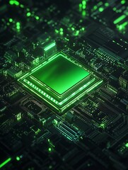 Fototapeta premium Glowing Green Circuit Board CPU Abstract Technology Image. AI Generated