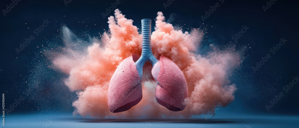 Poster flat design of lungs surrounded by colorful dust, symbolizing health and vitality. vibrant colors create dynamic and engaging visual experience