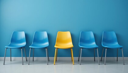 Obraz premium One Yellow Chair Among Four Blue Chairs in a Blue Room: A Concept of Uniqueness and Standing Out