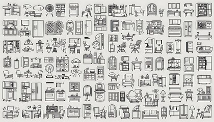 A comprehensive collection of hand-drawn furniture and home appliance illustrations, showcasing various styles and designs for interior design inspiration.