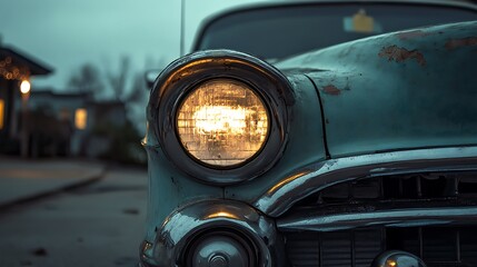 Close-up of a vintage car's headlight at dusk.