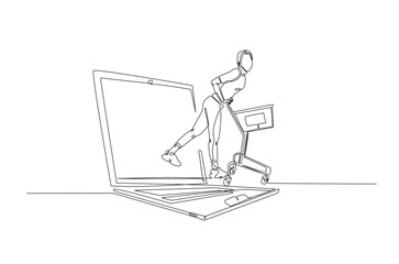 woman with shopping cart walk out from laptop in continuous one line drawing. Sale, digital lifestyle, E-commerce, digital marketing and online shopping concept.