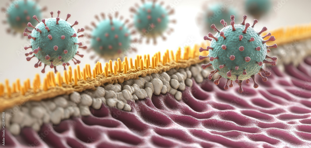 Poster microscopic view of vibrant viruses interacting with cell membranes, showcasing intricate details an