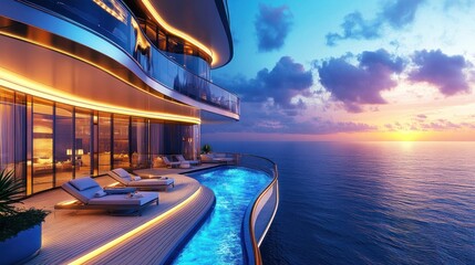 Fototapeta premium Luxury Oceanfront Penthouse with Infinity Pool at Sunset