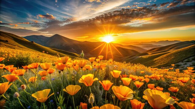 Golden poppies ablaze, a 2023 Perris Super Bloom sunset silhouette.