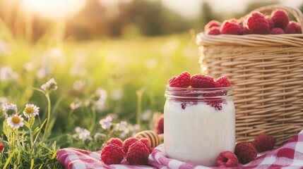 Fresh Raspberries in Jar and Basket on Green Field with Sunshine