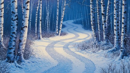 Naklejka premium Snowy forest path with birch trees, soft winter light creating a peaceful ambiance