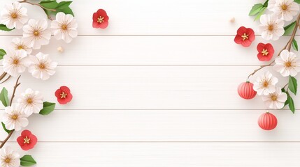 Spring Blossoms and Red Ornaments on White Wood