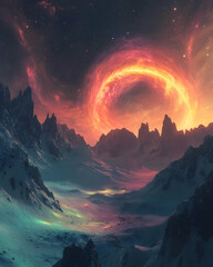 Fiery Ring Encircles Snowy Peaks in Alien Landscape