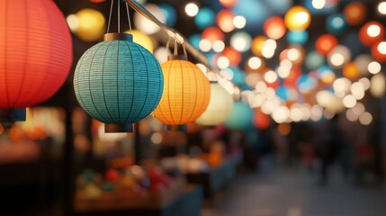 Obraz premium Colorful Lanterns Illuminating a Vibrant Festival At Night