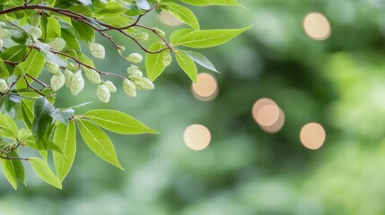 Springtime Branch with Green Leaves and Buds