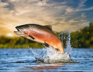 close up big salmon jump out splashing water on nature background