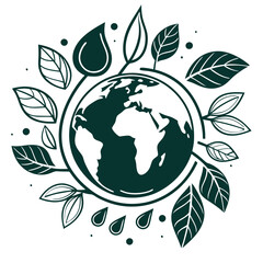 Minimal vector icon of a globe encircled by eco-friendly symbols like leaves and water drops, representing sustainability and green initiatives