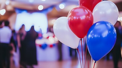 Red, white, and blue balloons in a blurry background of a party or event with people socializing. Festive and celebratory atmosphere.