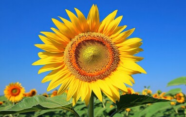Fototapeta premium A vibrant sunflower in full bloom against a clear blue sky, showcasing bright yellow petals and an intricate center