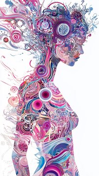 Whimsical Woman Vibrant Pink Blue Abstract Art. AI Generated