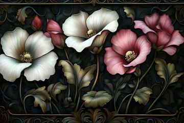 Elegant Floral Art: Bloom Design, Dark Background,  Intricate Details, Artistic Flowers,  Nature's Beauty, Botanical Artwork,  Soft Colors, Vintage Style,  Ornate Frame,  Close-Up View
