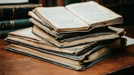 Obraz premium Stacked Antique Books, Aged Pages, Historical Texts (1)