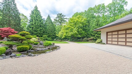 Fototapeta premium Serene Japanese Garden Landscape with Modern Garage