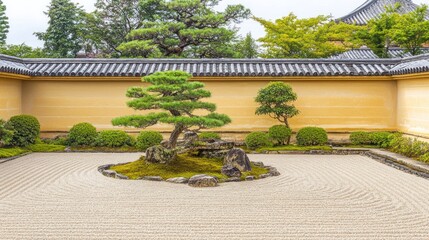 Obraz premium Serene Zen Garden: A Tranquil Japanese Rock Garden with Bonsai Tree