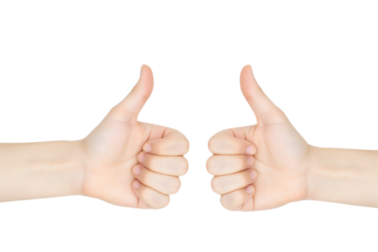 two hands facing each other with their thumbs up, positioned isolated on a transparent background