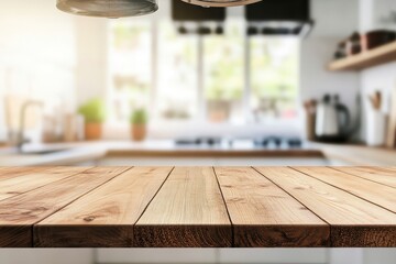 Wooden table top, kitchen background, sunlight, product display