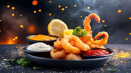 Crispy calamari and dipping sauces gourmet restaurant food photography dark environment close-up culinary delight