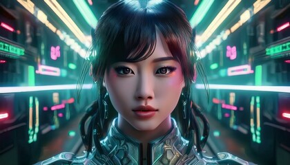 近未来のサイバーパンクの時代を生きる若いアジア人女性のイラスト ネオン 