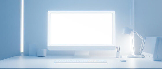 Computer screen on a desk in a white room,