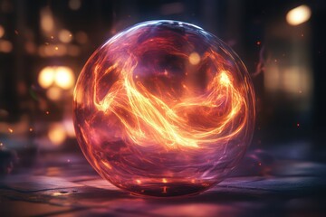 A glowing plasma globe representing the concept of energy in motion, with swirling currents of light and electricity contained within a transparent sphere