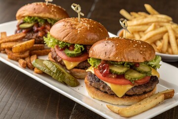 Set of delicious burgers with potato fries cut out