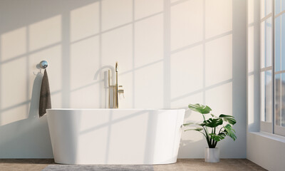 Modern and minimalist spa bathroom scene with elegant freestanding tub, 3D render illustration.