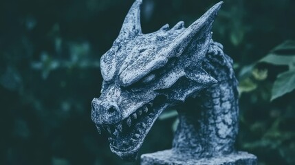 Fototapeta premium Stone Dragon Garden Statue, Mystical Forest Setting
