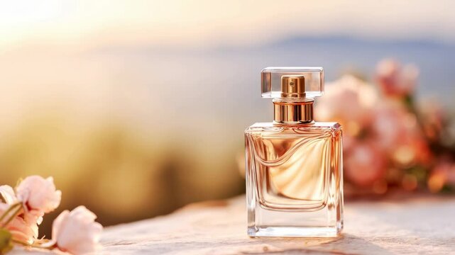 Elegant perfume bottle on a stone surface, surrounded by soft pink flowers, with a warm, blurred sunset background. Close-up, low-angle video.