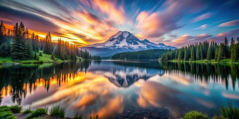 Fototapeta premium Rainier's Summit Lake ablaze: golden hour sunset paints a breathtaking mountain lake reflection.