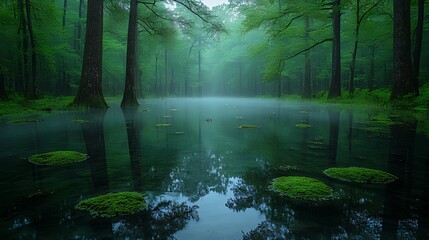 Fototapeta premium Misty swamp forest reflection, tranquil morning scene