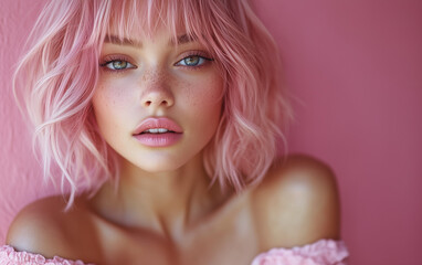 Naklejka premium A stunning close-up portrait of a young woman with pastel pink hair, styled in soft waves, against a pink and teal gradient background. A modern and fashionable look in contemporary beauty trends.