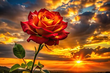 Obraz premium Romantic sunset silhouettes of red and yellow roses, capturing floral beauty in garden art.