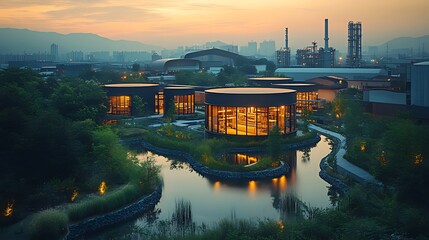 Fototapeta premium Modern illuminated circular buildings, sunset, industrial backdrop, sustainable design