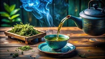 Savor hot green tea's warmth. Minimalist blue bowl, vintage wood accents enhance the ritual.
