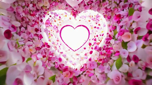 Enchanting flower petal tunnel with glowing heart-shaped center.