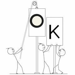 This is a pixel design illustrating a cartoon of a group of people holding hoardings with the word 