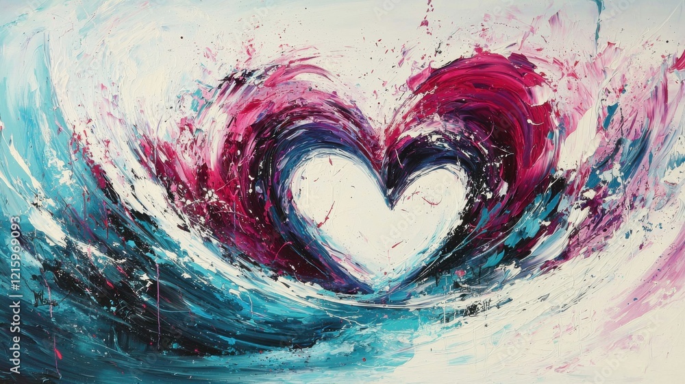 Poster dynamic heart wave art abstract expressionism gallery setting colorful oceanic environment close-up 