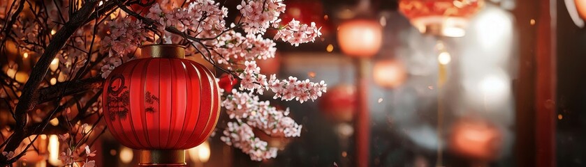 Fototapeta premium Traditional Festive Display of Red Lanterns Illuminated Amid Beautiful Cherry Blossom Decorations