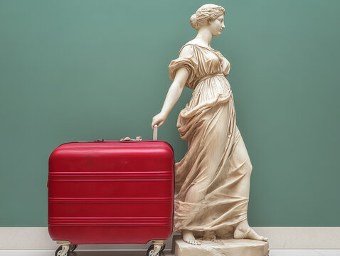 a marble statue of an ancient god with a modern suitcase
