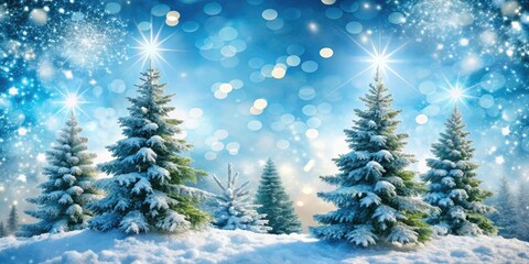 Obraz premium Snowy fir trees, bokeh, and snowflakes dance against a vibrant blue winter sky, perfect for festive posters.